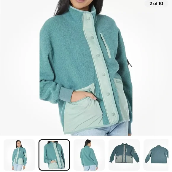 Madewell Large Teal Blue Sherpa Snap Front Zip Jacket Fleece Utility Pkt - Picture 5 of 6